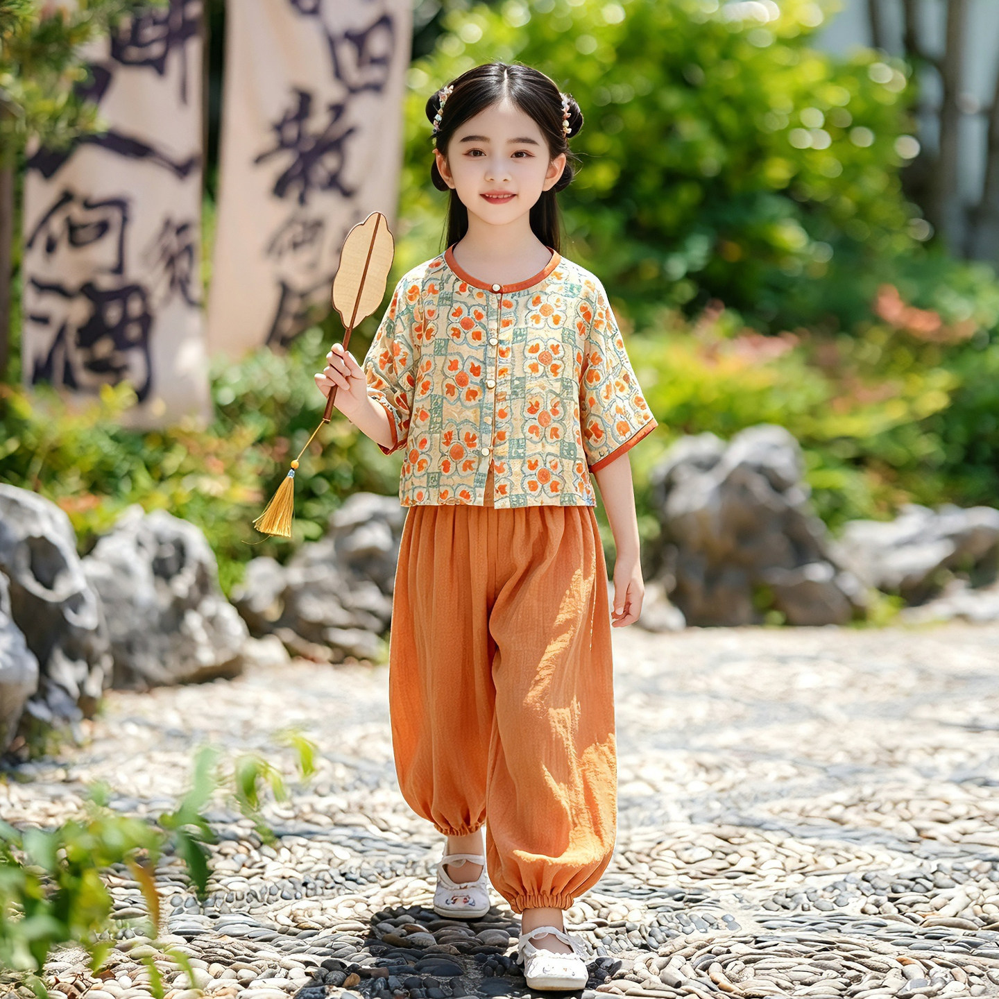 原创女童新中式碎花短袖套装儿童复古唐装夏秋季灯笼裤中国风汉服图片