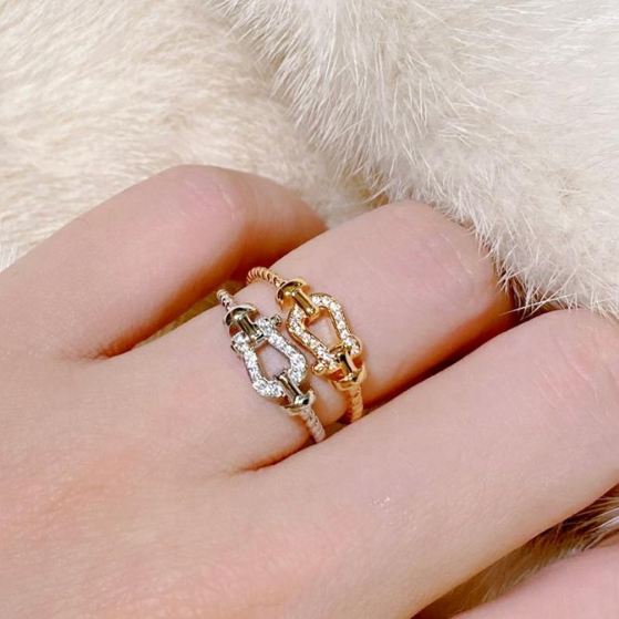 新款s925纯银镀18k玫瑰金麻花马蹄扣戒指女个性扭纹轻奢小众指环