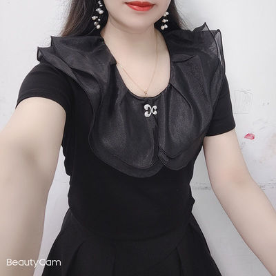 时尚荷叶边短袖T恤女2025夏季爆款气质修身显瘦设计洋气时髦上衣