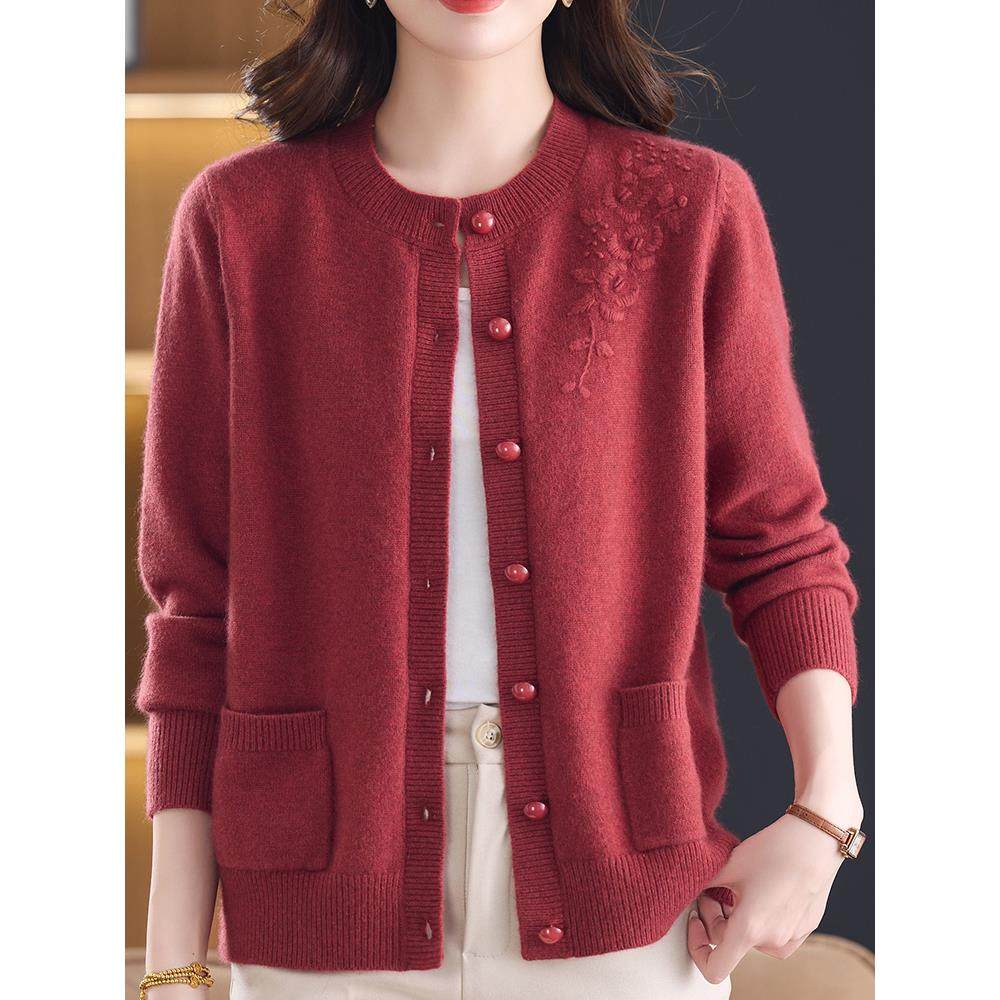 100%山羊绒中老年妈妈绣花毛衣女开衫秋冬洋气大码针织外套女短款,女装/女士精品,羊绒衫,淘宝优惠券,粉丝福利购,淘宝优惠卷