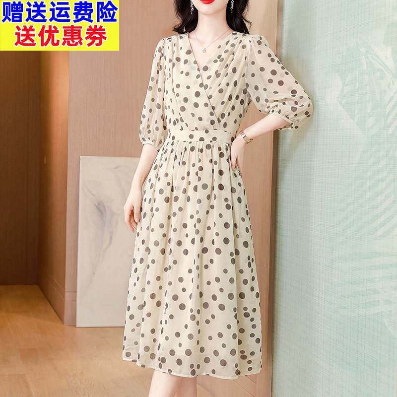 V领波点连衣裙女收腰显瘦A字裙气质优雅端庄大气妈妈裙子夏季大码