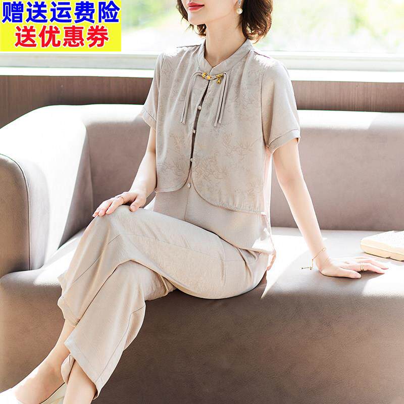新中式妈妈夏装短袖t恤上衣2026新款中老年女装休闲国风两件套装