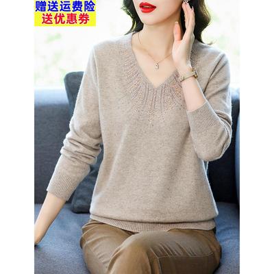 中年妈妈装羊毛衫毛衣女宽松羊绒衫女100纯羊毛针织衫秋冬打底衫
