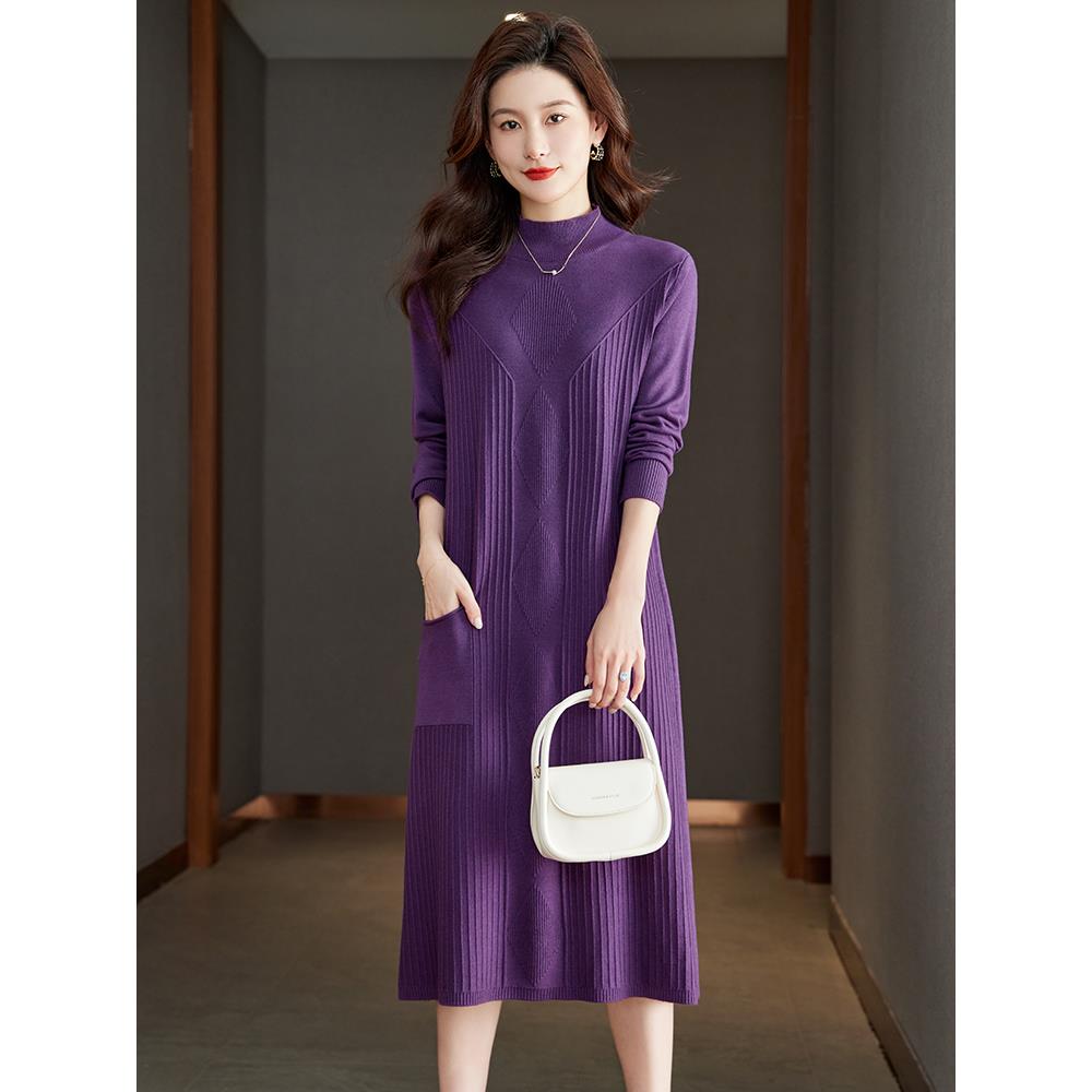 胖人配大衣针织羊毛连衣裙中长款秋冬新款百搭高端气质毛衣裙过膝