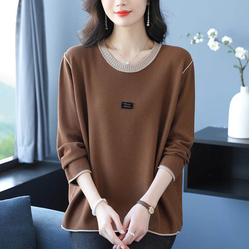 胖妈妈春季新款圆领针织衫女宽松加肥大码毛衣女洋气长袖打底上衣