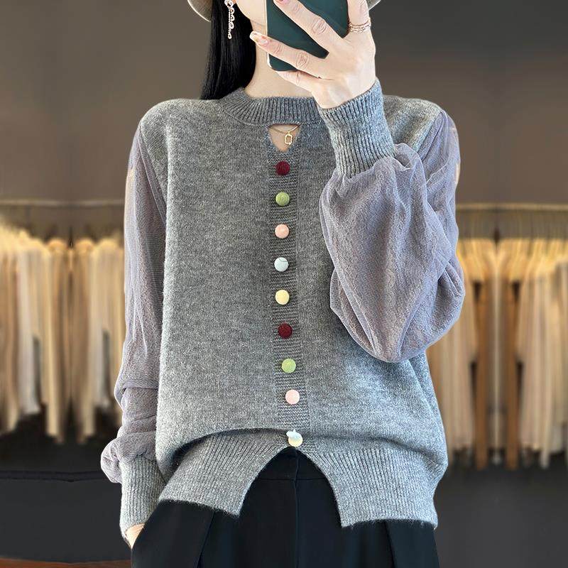 春秋大码女士薄款毛衣2025新款春装遮肚子针织上衣时尚蕾丝网纱袖