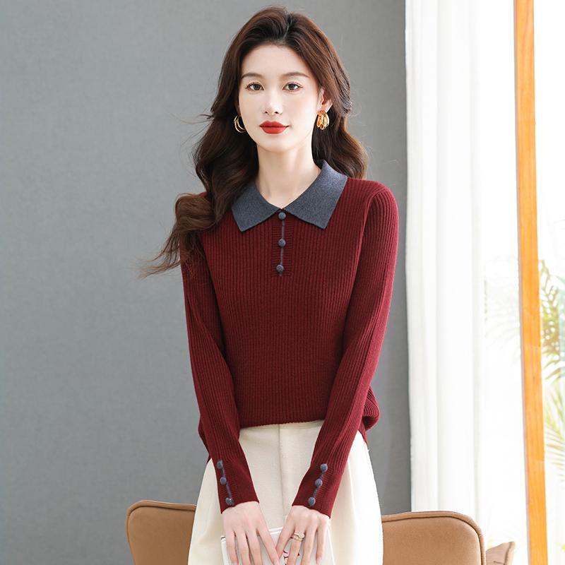 秋冬新款时尚娃娃领毛衣女短款针织衫上衣打底衫翻领减龄内搭外穿