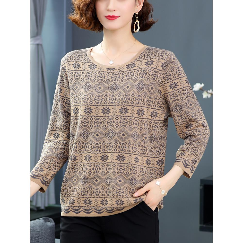 春秋新款七分袖t恤女加大码桑蚕丝针织打底小衫洋气减龄妈妈上衣