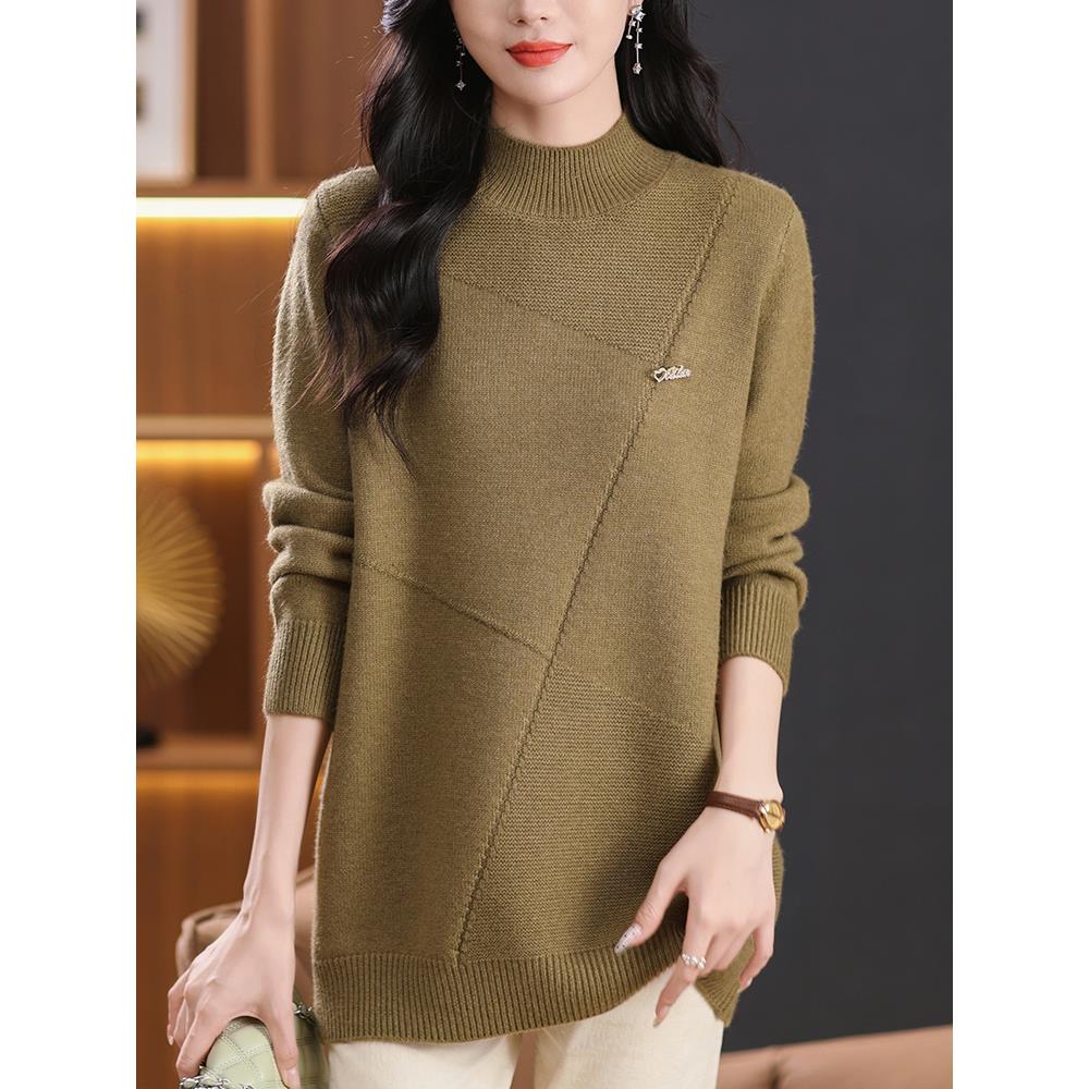 胖妈妈洋气半高领毛衣秋冬加大码中长款羊毛衫宽松针织打底羊绒衫