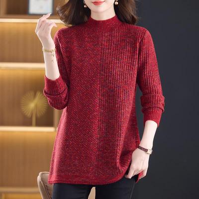 半高领秋冬中长款花线毛衣女宽松大码胖MM遮肚羊毛打底衫妈妈内搭
