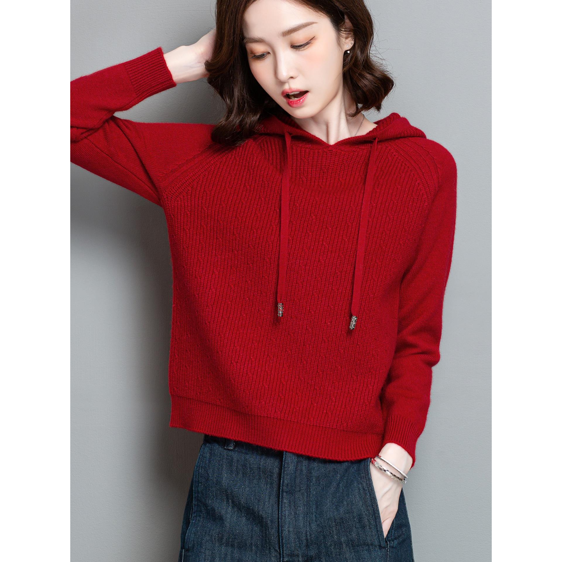 红色连帽针织衫女秋季新款宽松外搭洋气带帽打底衫毛衣卫衣上衣