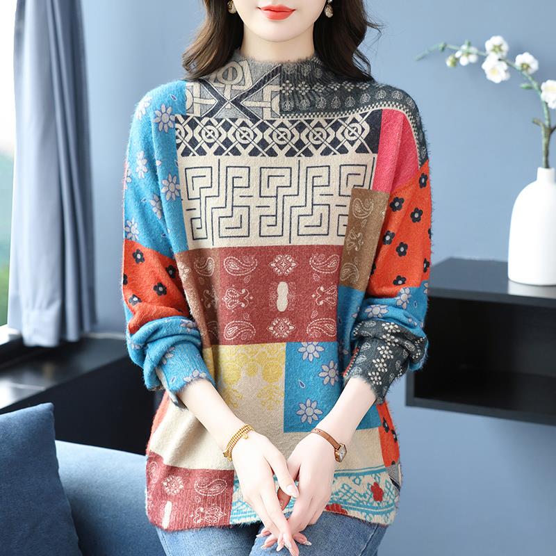 胖妈妈洋气加大码花色毛衣秋冬时尚保暖半高领羊毛衫宽松遮肉上衣