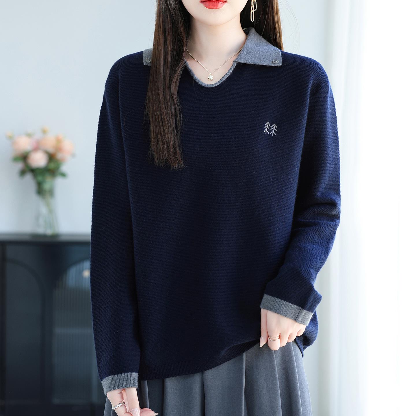 春秋毛衣女2025新款半开领羊毛衫宽松大码女装内搭上衣针织打底衫