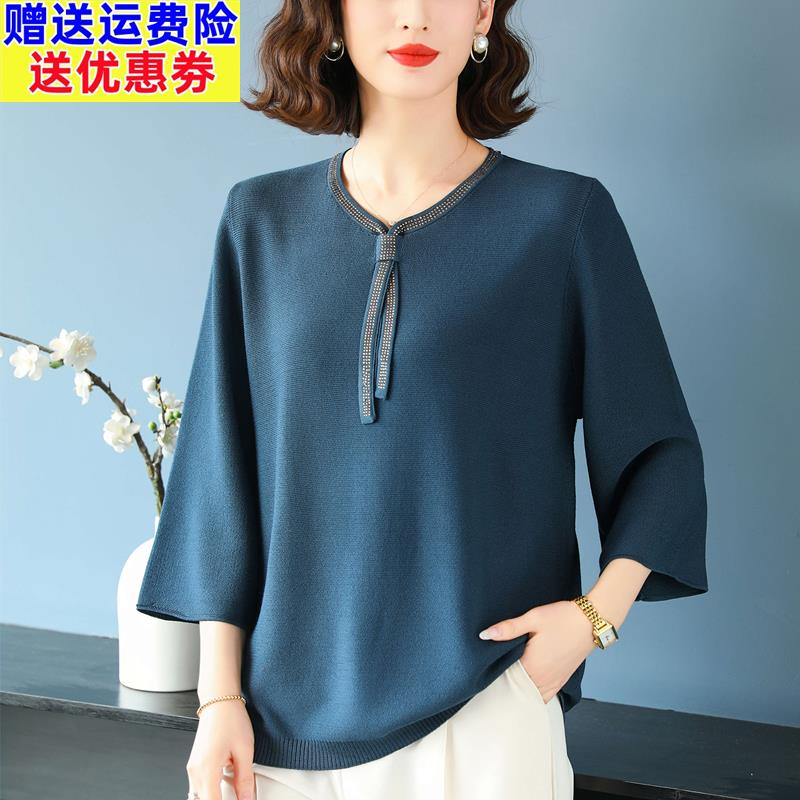 特大码中老年七分袖t恤女上衣春秋妈妈装宽松遮肚休闲蚕丝打底衫