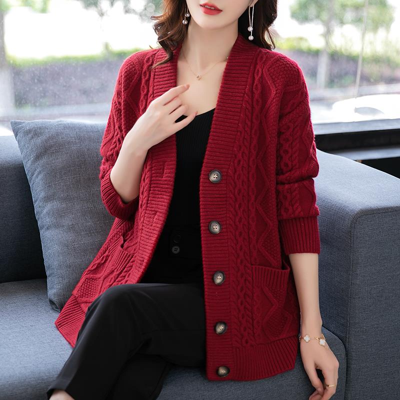 秋季新款大码毛衣外套洋气宽松外穿春装V领羊毛衫针织开衫妈妈装