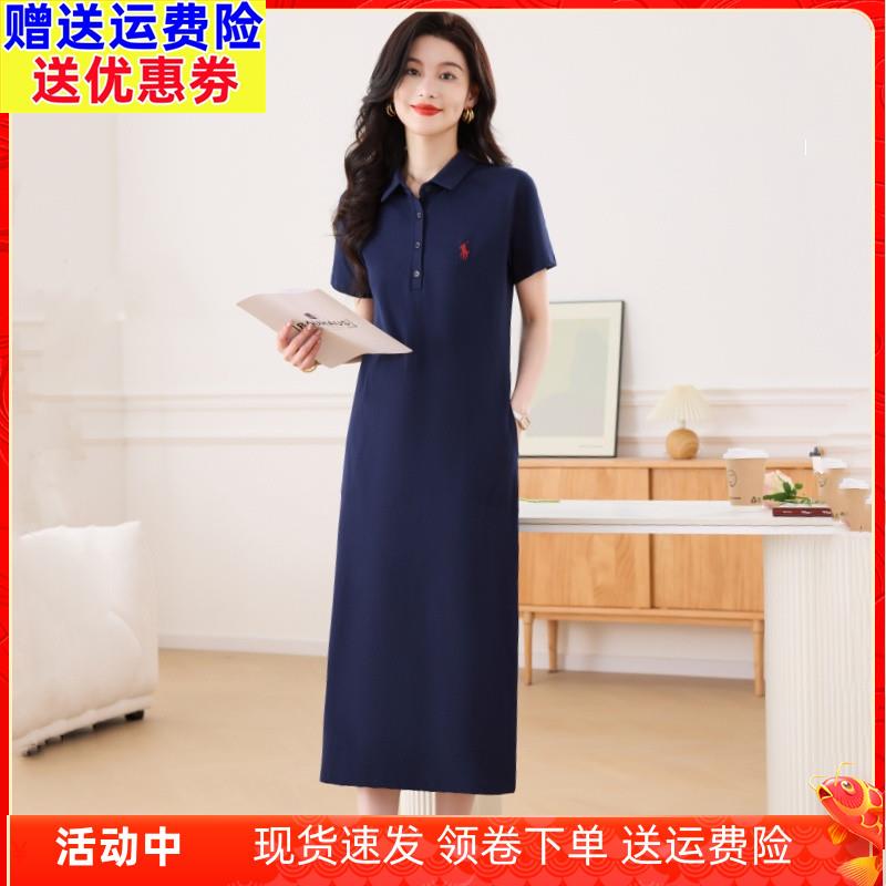 polo领洋装女短袖纯棉过膝宽松显瘦休闲运动全棉翻领长版T恤裙