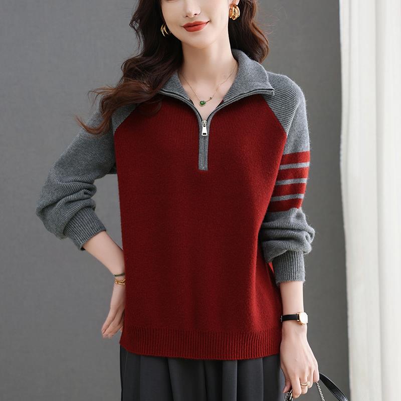 半开领撞色毛衣女秋冬羊毛衫宽松大码针织打底衫外穿羊绒翻领卫衣