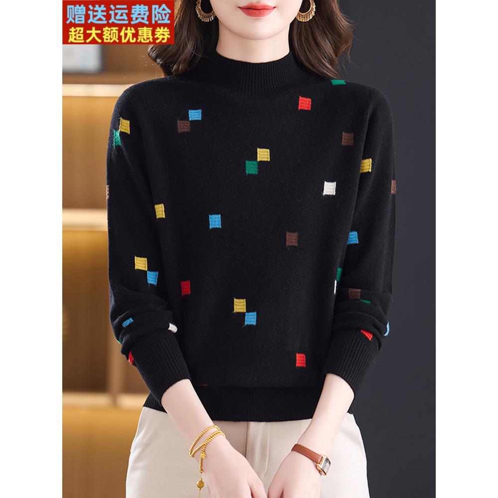 秋冬新款时尚减龄100%纯羊绒衫女半高领毛衣宽松洋气撞色打底上衣