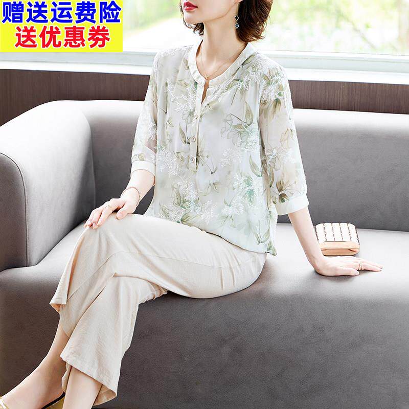 中年妈妈夏装雪纺套装洋派短袖T恤小衫中老年女夏季印花衬衫上衣