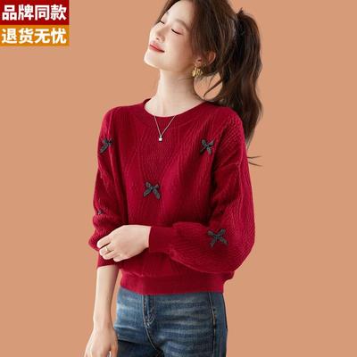 低领红毛衣女秋冬2025新款时尚爆款蝴蝶结外穿短款羊毛针织打底衫