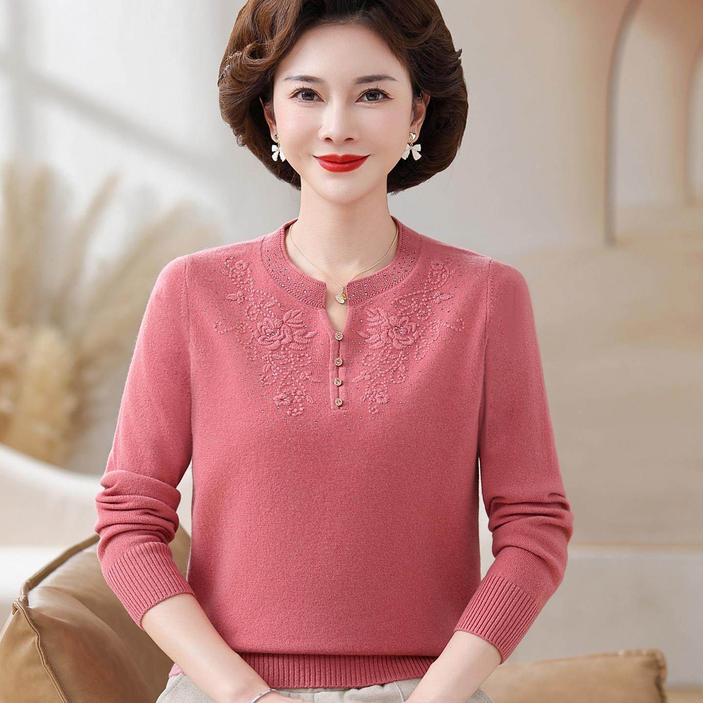 时尚女装高端羊毛秋冬大码毛衣中老年妈妈100%纯羊绒绣花内搭上衣,女装/女士精品,羊绒衫,淘宝优惠券,粉丝福利购,淘宝优惠卷