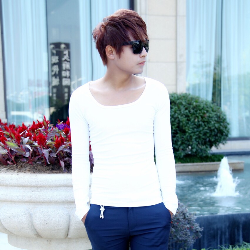 新款纯色大圆领修身长袖T恤潮男韩版低领纯棉高弹紧身打底衫男t恤