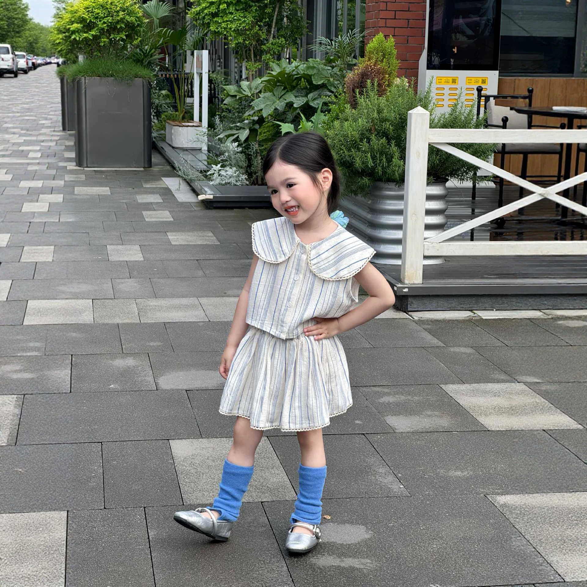 韩版女童套装2026夏季小清新竖条纹翻领花边无袖上衣半身裙两件套
