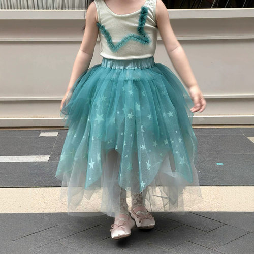 甜美女童半身裙2026夏款裙子蓝色植绒五角星网纱大裙摆长款蓬蓬裙