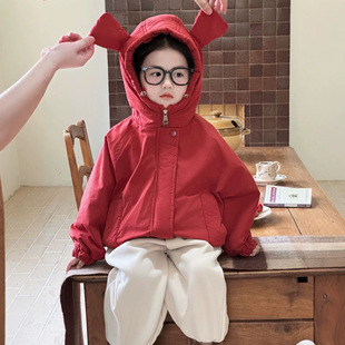 儿童冬季加绒夹棉外套 韩版女童小熊耳朵红色加厚棉服拉链外套
