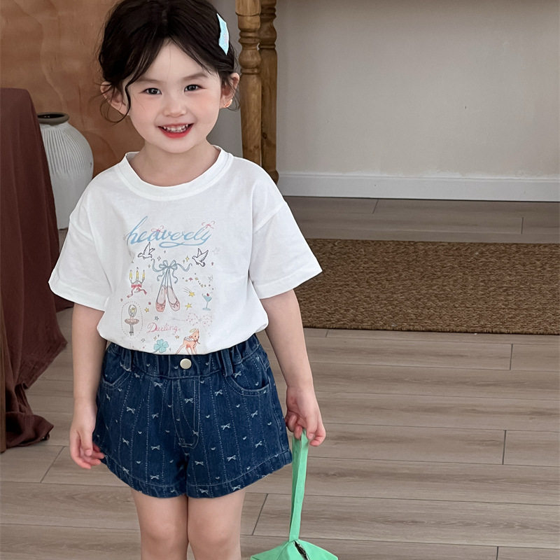 喜范25夏新品儿童简约纯色T恤女童宝宝芭蕾风印花圆领短袖上衣韩