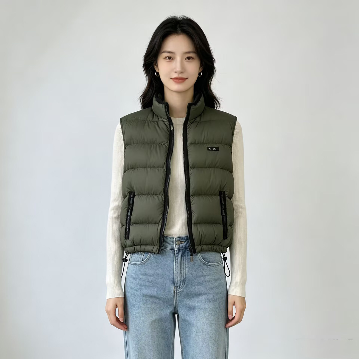 MM军绿色立领羽绒马甲女秋冬新款短款宽松无袖背心马夹外套上衣服