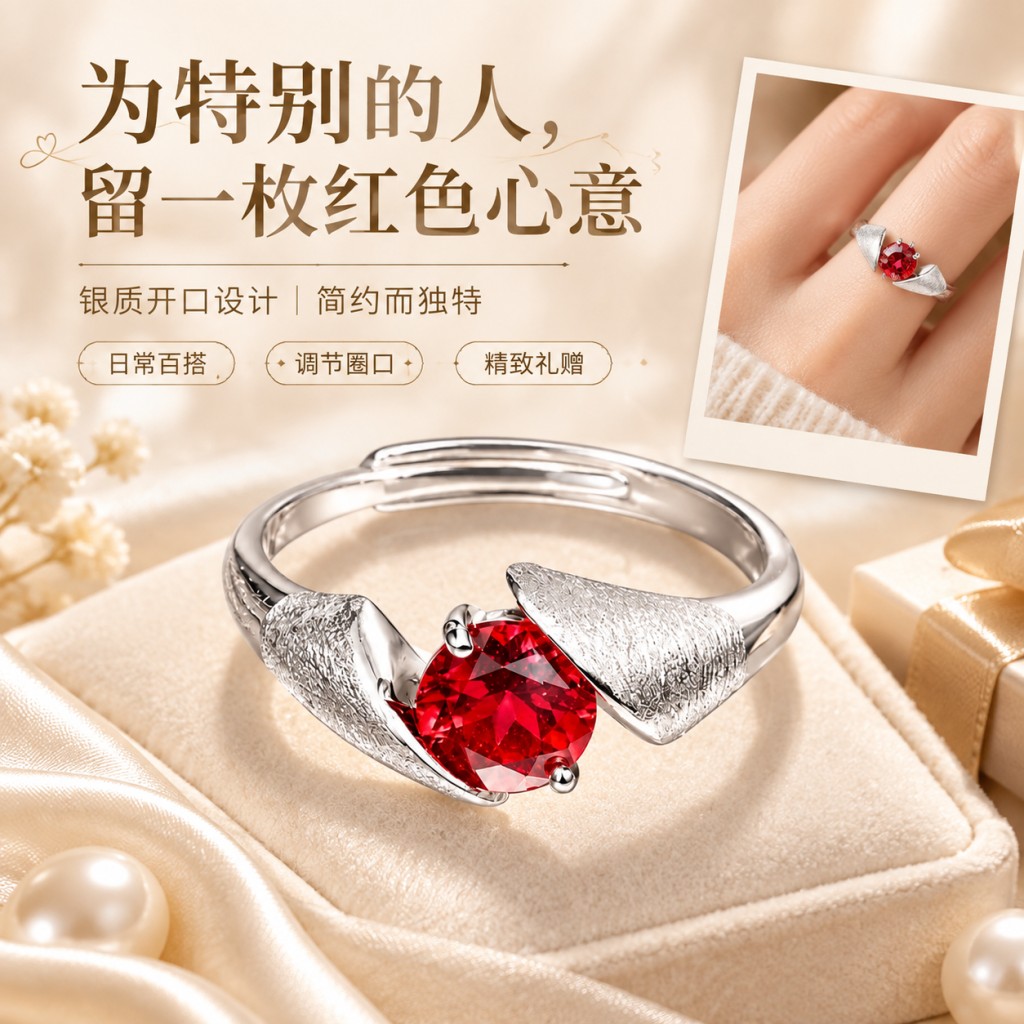 轻奢石榴石银质开口可调女戒图片