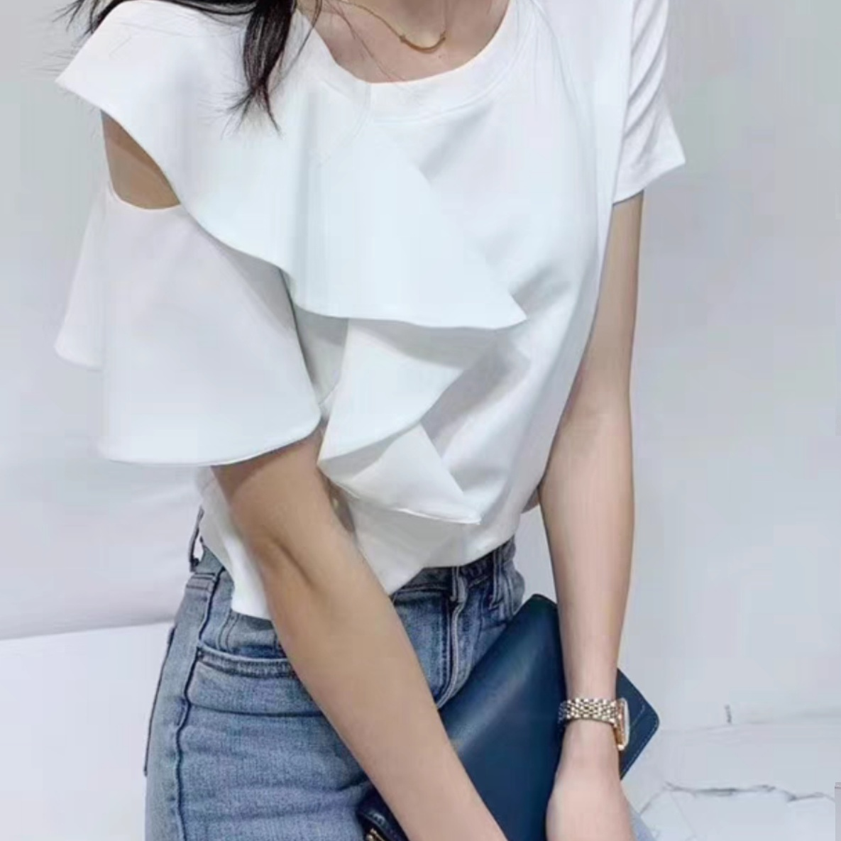 2025夏装新款时尚不规则条纹荷叶边露肩上衣飞飞袖衬衫女短袖T恤