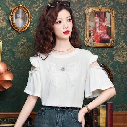 2025夏新款珍珠蝴蝶结短袖白T恤女拼接蕾丝纯上衣ins通勤别致优雅