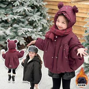 湖州织里2025女童棉衣加棉加厚棉袄可爱冬季外套安哥拉红连帽保暖