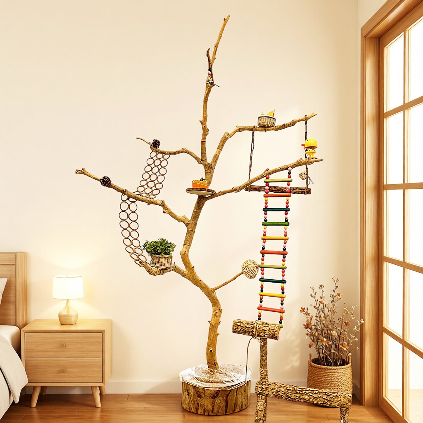 天然树枝鹦鹉落地实木鸟架宠物用品站架家居装饰侘寂风原木树杈