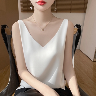 夏季 缎面仿真丝V领吊带背心女白色宽松百搭内搭打底上衣套头女装