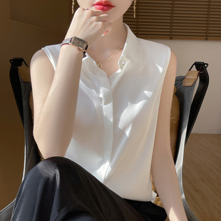 内搭外穿薄款 衬衫 宽松醋酸 仿真丝白色翻领吊带背心女缎面无袖 夏季