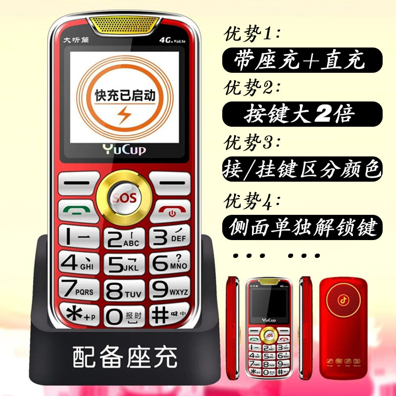 带座充和直充老人手机typec盲插水晶凸起大按键侧面解锁全网通45G
