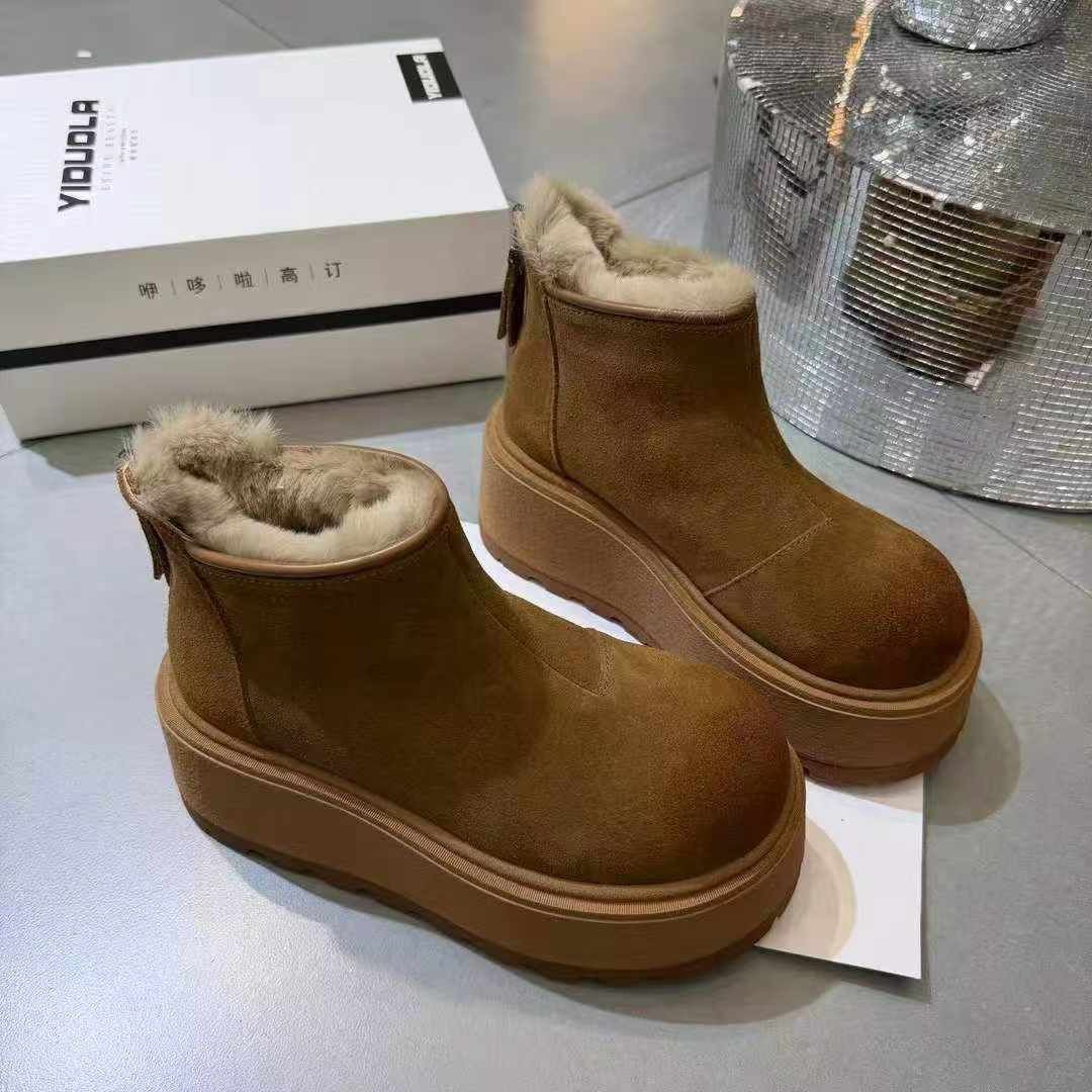 冬季加绒保暖切尔靴女真皮短靴小个子增高烟筒靴2025新款厚底松糕