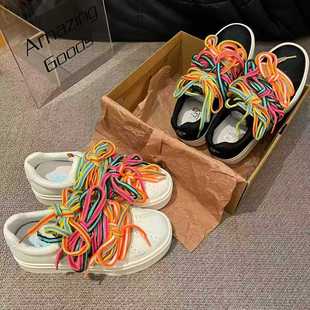 2026新款彩虹带板鞋女时尚潮流休闲鞋厚底系带单鞋舒适小白鞋