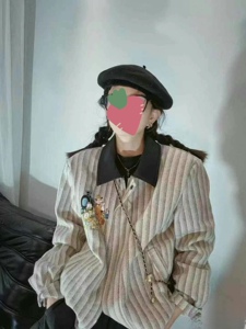 2024冬季新款小香风拼皮翻领拉链宽松卡通减龄条纹羽绒棉外套女