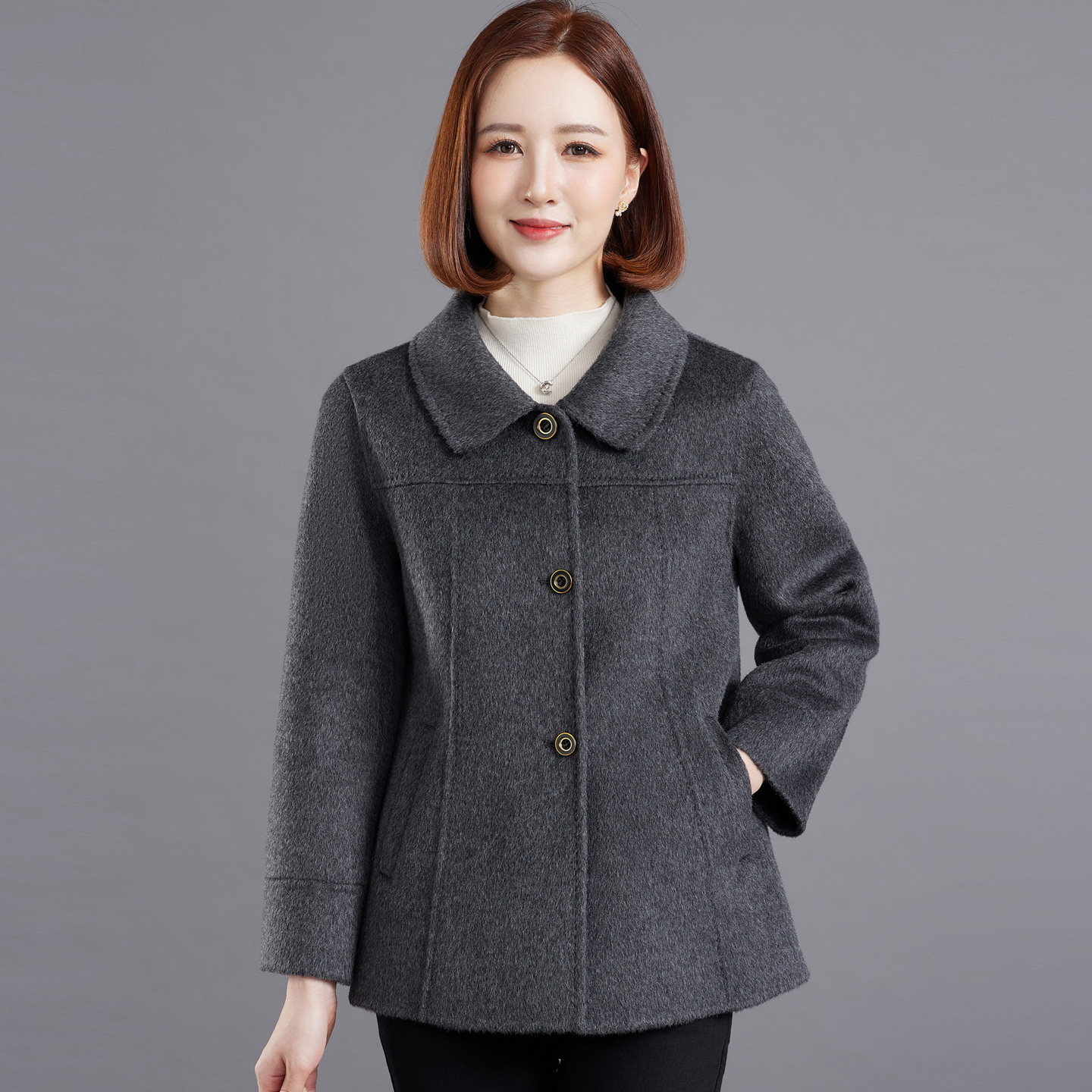洋气中老年妈妈双面呢羊绒大衣女
