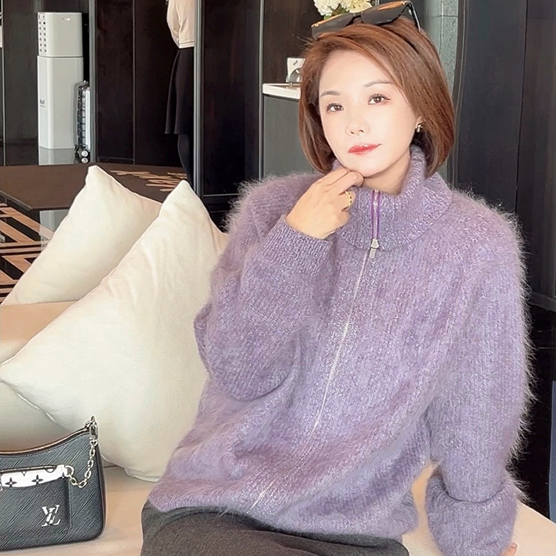颜菱毛衣女2025秋新款高品质丝羊绒拉链立领外套高领针织衫Y10104