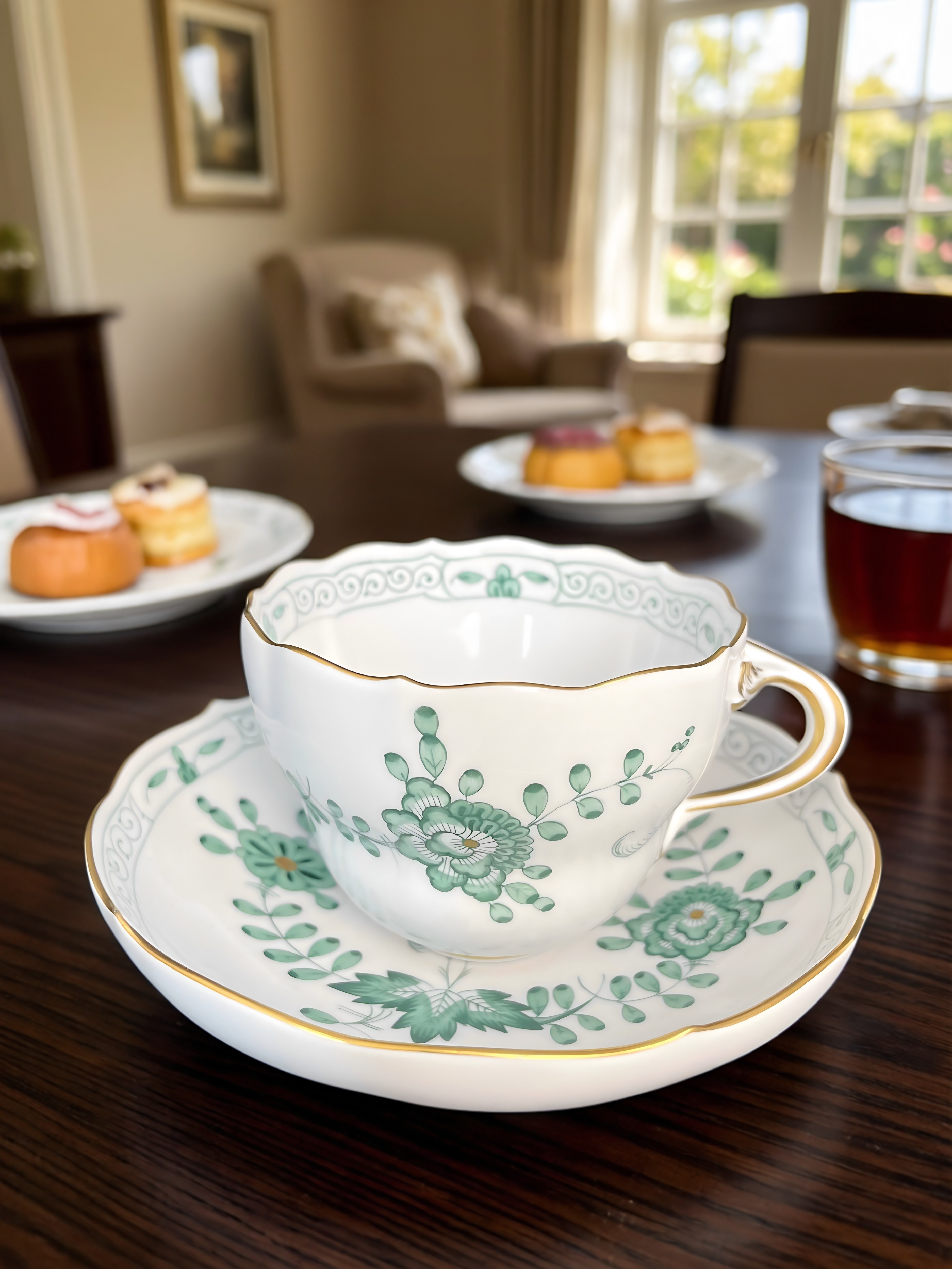 德国梅森Meissen金边印度之花系列绿色咖啡杯茶杯碟一等品纯手绘