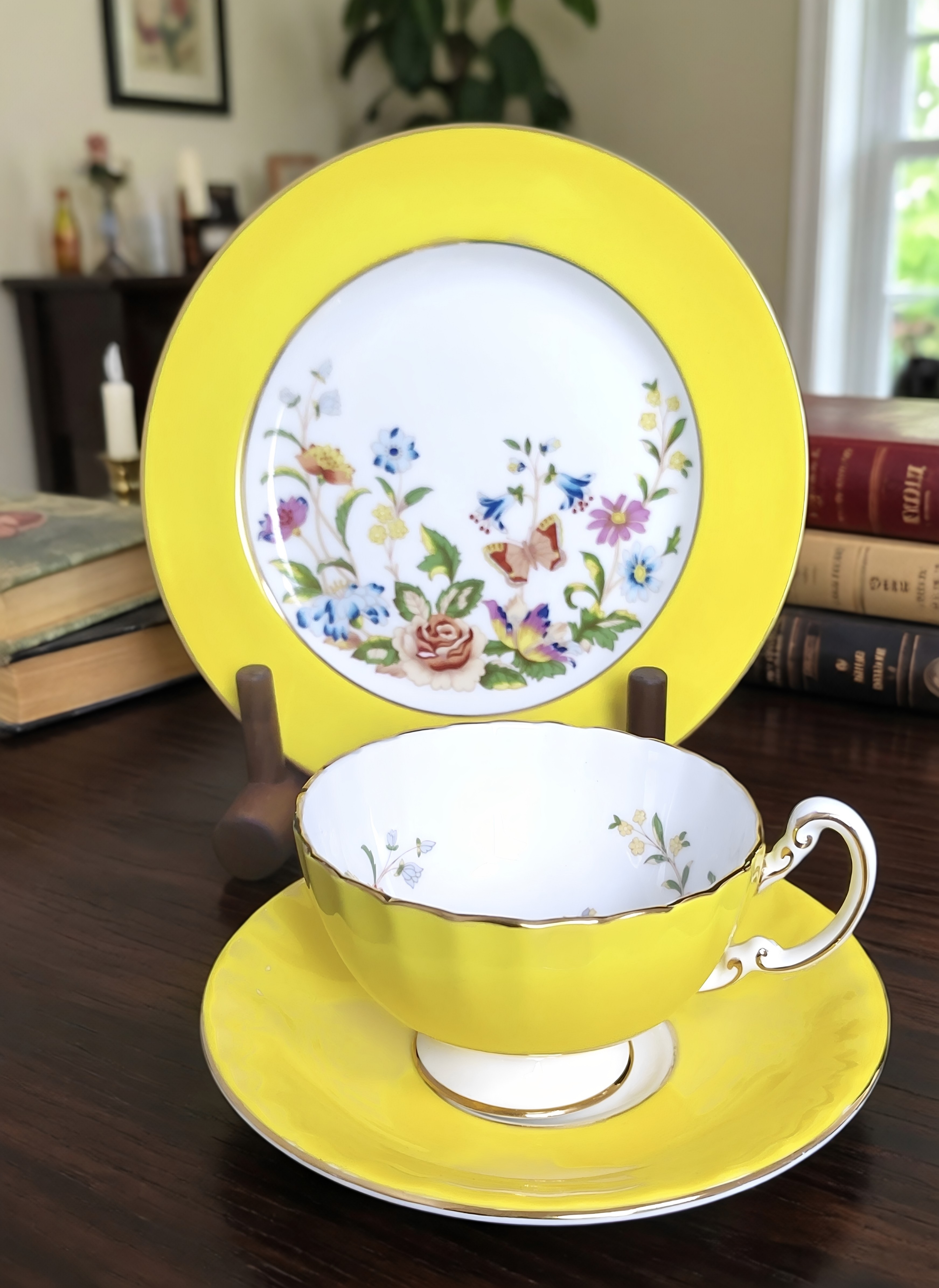 英国产Aynsley安斯丽骨瓷红茶杯蛋糕盘柠檬黄餐具下午茶杯碟复古