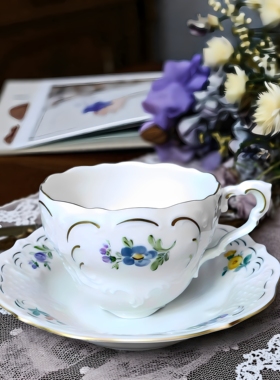 德国古董瓷器Lindner金色花卉绘画浮雕手绘咖啡杯茶杯下午茶杯碟