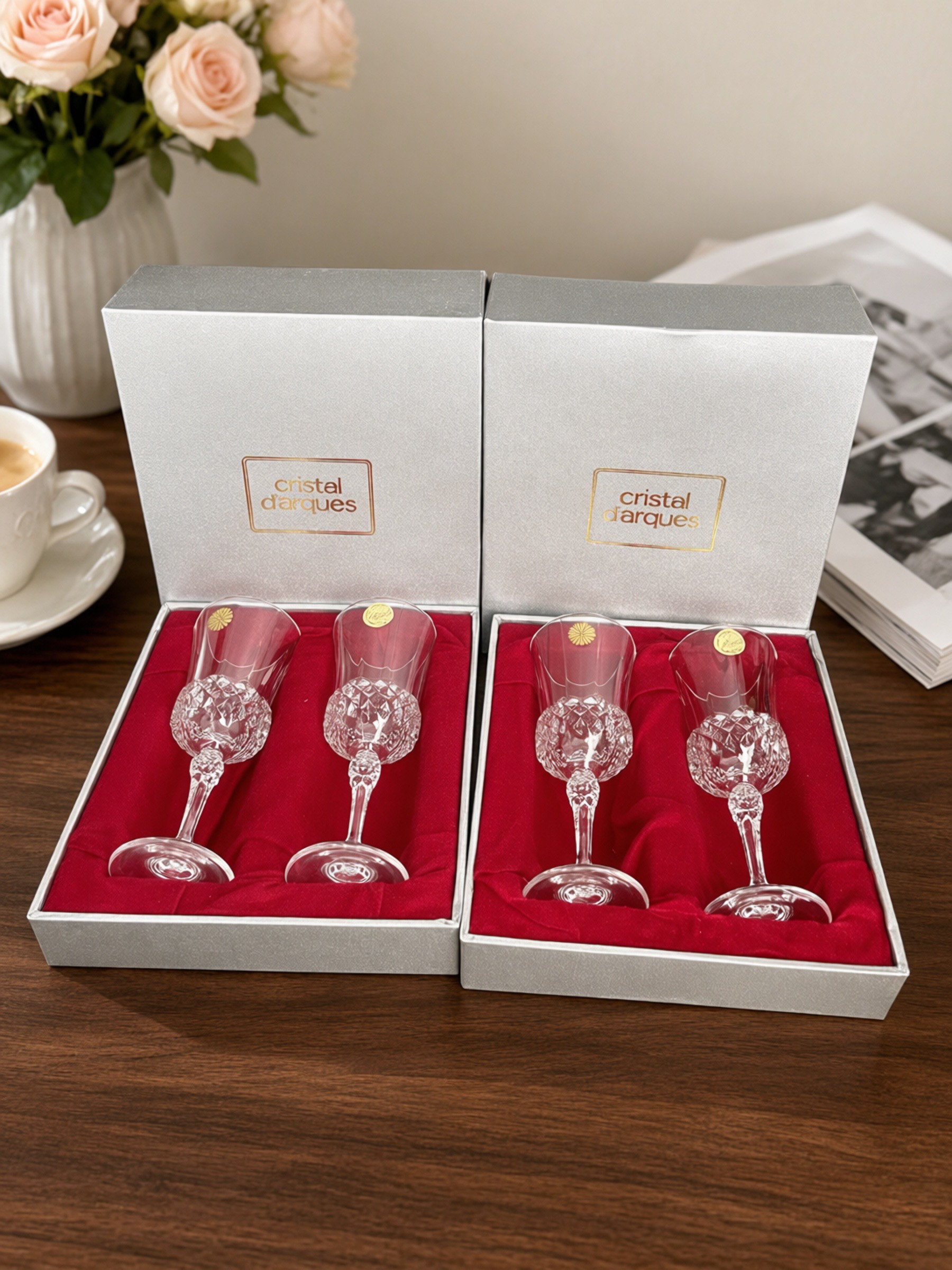 法国Cristal d’Arques水晶玻璃高脚杯复古切割红酒杯 香槟杯原盒