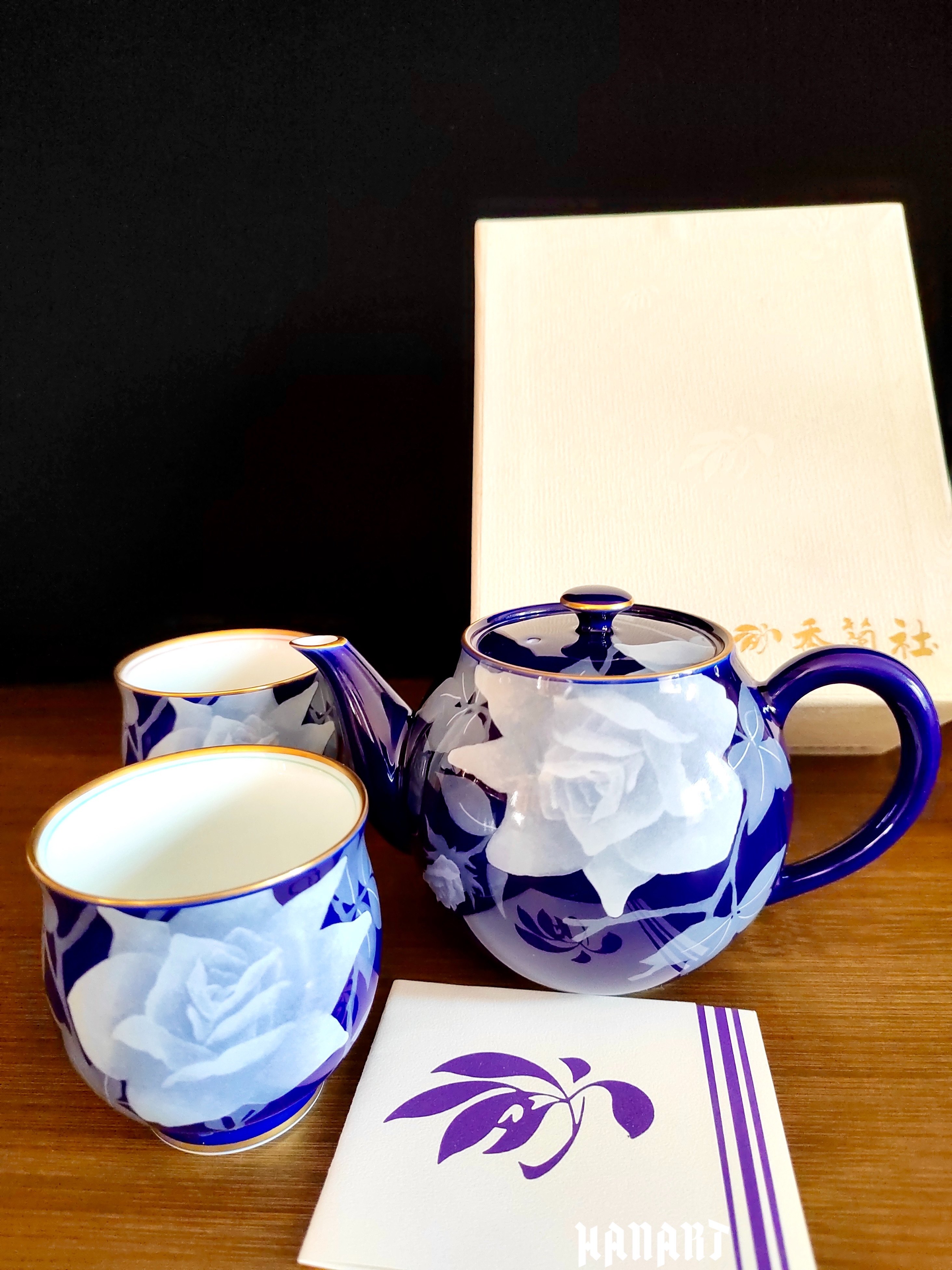日本香兰社KORANSHA骨瓷茶壶茶杯茶具套装宝石蓝釉玫瑰描金三件