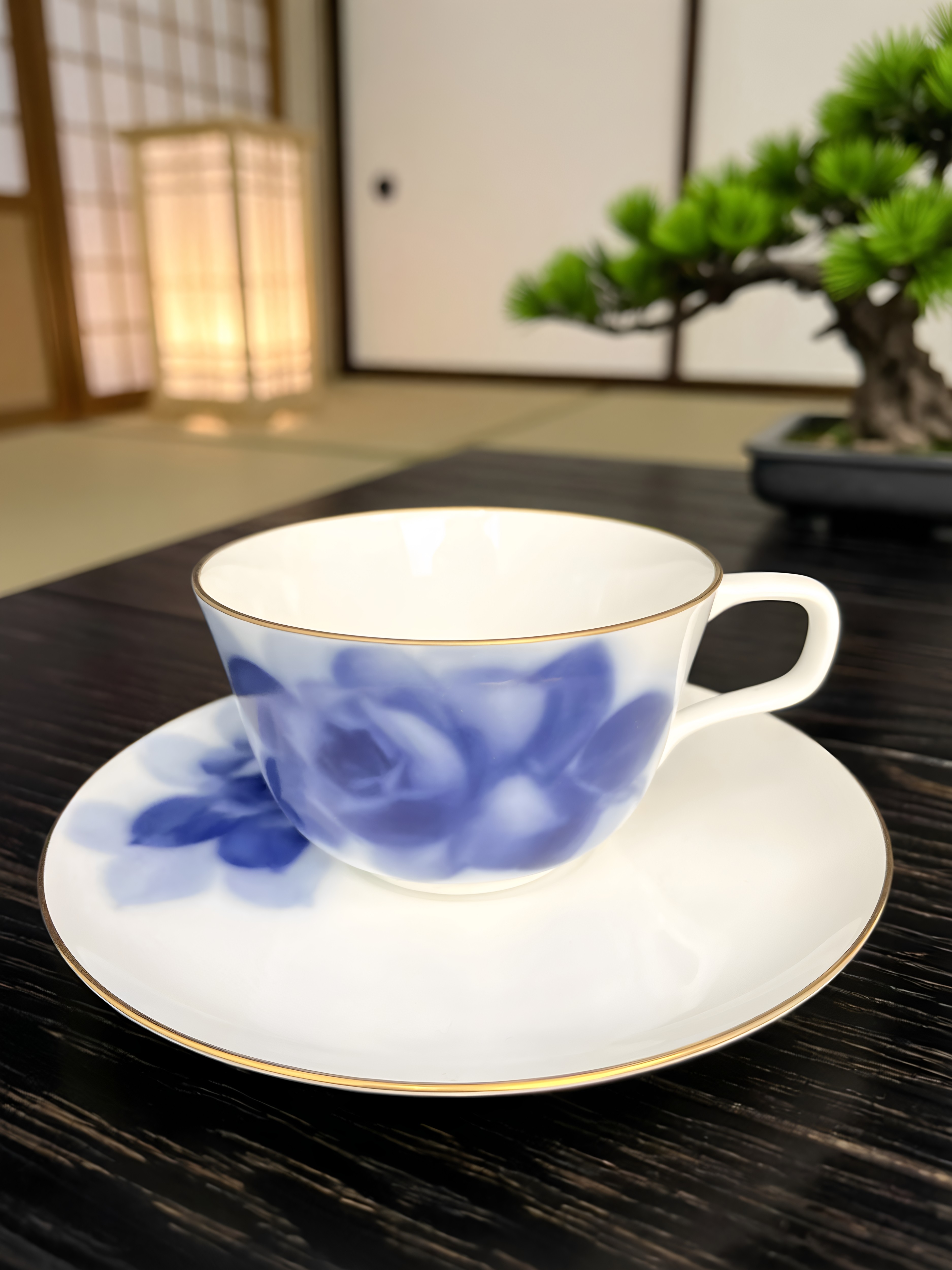 日本大仓陶园Blue Flowers蓝花手绘冈染玫瑰咖啡杯下午茶杯碟中古